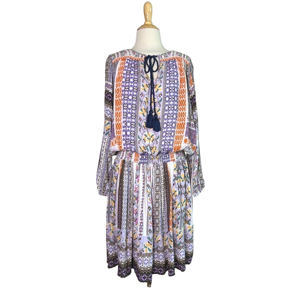 SUNDANCE Medium Aztec 100% Modal Smocked Waist Blouson Knee Length‎ Boho Dress